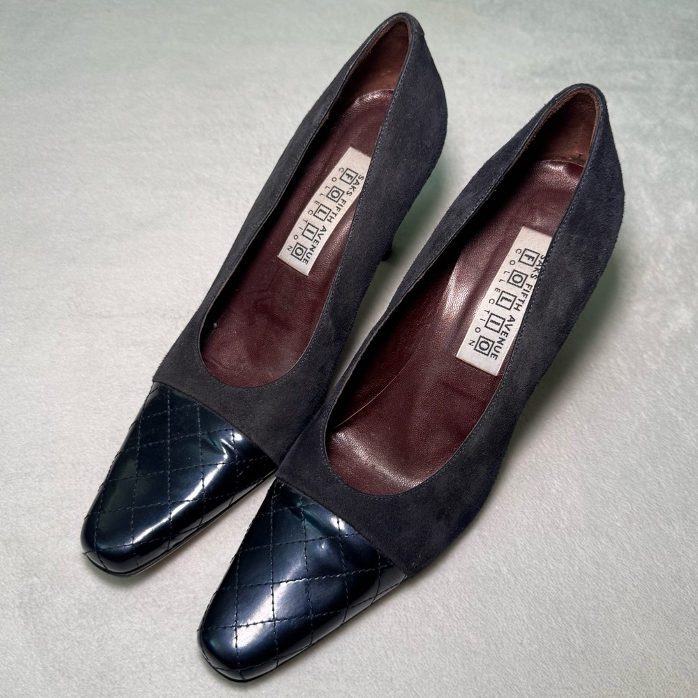 Vintage 90s Saks Fifth Ave Black Suede Leather Quilted Heels Pumps